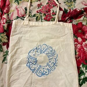 Cream Tote Bag with Blue Design